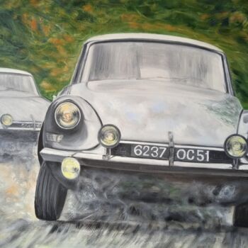 Painting titled "Deux  DS 19 Citroën…" by Jean-Claude Bemben, Original Artwork, Oil Mounted on Wood Stretcher frame