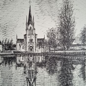 Drawing titled "reflet de l'église…" by Jean-Claude Bemben, Original Artwork, Ink