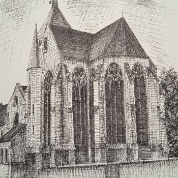 Drawing titled "L'Eglise de Damery" by Jean-Claude Bemben, Original Artwork, Ink