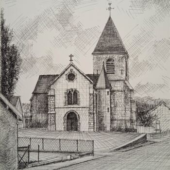 Dessin intitulée "L'Eglise de Germaine" par Jean-Claude Bemben, Œuvre d'art originale, Encre