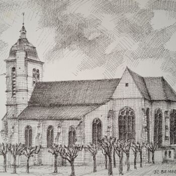 Dessin intitulée "l'Eglise de Troissy" par Jean-Claude Bemben, Œuvre d'art originale, Encre