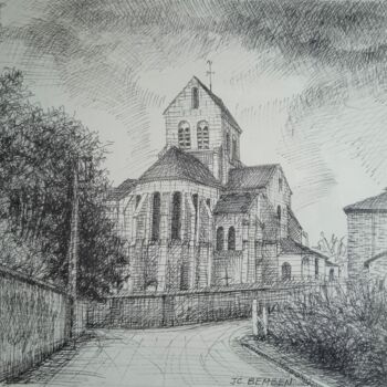 Drawing titled "l'Eglise de Rosnay" by Jean-Claude Bemben, Original Artwork, Ink Mounted on Other rigid panel