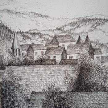 Drawing titled "Les toits du village" by Jean-Claude Bemben, Original Artwork, Ink