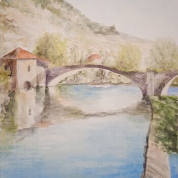 Painting titled "Le pont de pierres" by Jean-Claude Bemben, Original Artwork, Watercolor