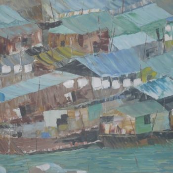 Pittura intitolato "marché flottant" da Jean Claude Colombano, Opera d'arte originale, Olio
