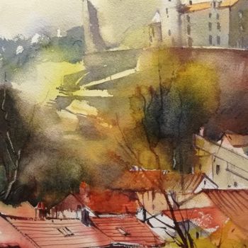 Painting titled "Laroquebroue" by Jean-Claude Coustilieres, Original Artwork, Watercolor