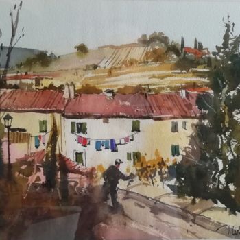 Painting titled "village de Grève IT…" by Jean-Claude Coustilieres, Original Artwork, Watercolor