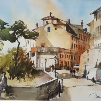 제목이 "village de Cortonna…"인 미술작품 Jean-Claude Coustilieres로, 원작, 수채화 나무 들것 프레임에 장착됨