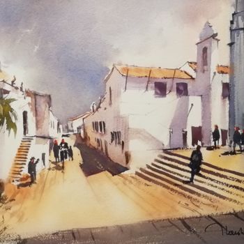 Painting titled "Village Espagnol" by Jean-Claude Coustilieres, Original Artwork, Watercolor Mounted on Cardboard
