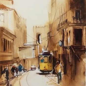 제목이 "Tranway Lisbonne"인 미술작품 Jean-Claude Coustilieres로, 원작, 수채화 판지에 장착됨