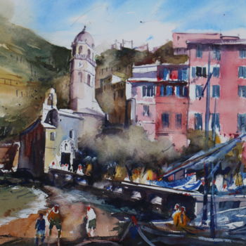 Peinture intitulée "village-de-riomaggi…" par Jean-Claude Coustilieres, Œuvre d'art originale