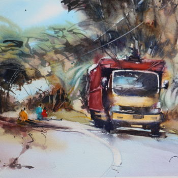 Schilderij getiteld "le-camion-jaune-bre…" door Jean-Claude Coustilieres, Origineel Kunstwerk