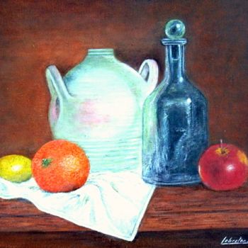 Pintura titulada "fruits bouteille et…" por Lebreton-Hays, Obra de arte original, Oleo