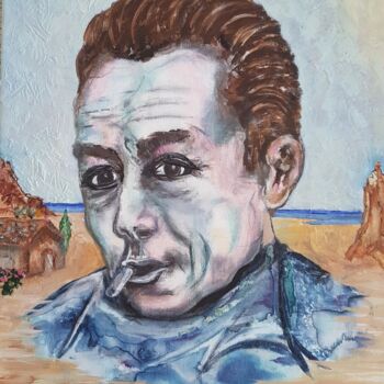 Painting titled "Camus" by Jean Claude Michel, Original Artwork, Oil Mounted on Wood Stretcher frame