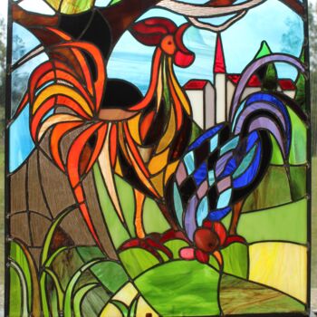 Sculpture titled "Coq et poule" by Jean-Claude Tacnet (Vitrail Tiffany 0677365401), Original Artwork, Glass