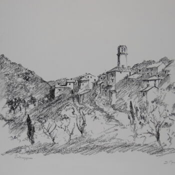 Dibujo titulada "Le village de Jean…" por Jean Dominique Monneraux, Obra de arte original, Carbón