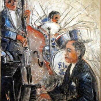 Painting titled "BLUE JAZZ TRIO" by Jean Edmond Tropet, Original Artwork, Oil Mounted on Wood Stretcher frame