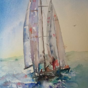 Painting titled "REGATE-1" by Jean-Francois Louvancourt, Original Artwork, Watercolor