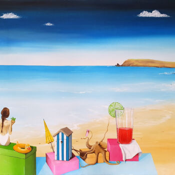 Картина под названием "Un été à la plage" - Jean-François Rousselot, Подлинное произведение искусства, Масло Установлен на Д…