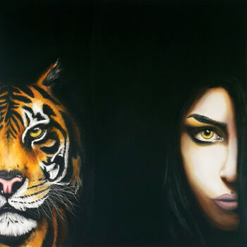 Malarstwo zatytułowany „Les yeux du tigre” autorstwa Jean-François Rousselot, Oryginalna praca, Olej Zamontowany na Drewnian…
