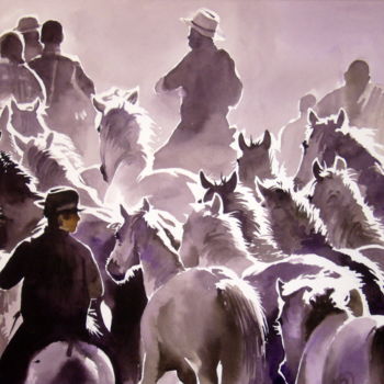 Ζωγραφική με τίτλο "chevaux-camarguais.…" από Jean Guy Dagneau, Αυθεντικά έργα τέχνης, Ακουαρέλα