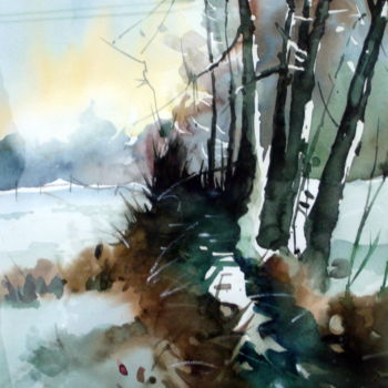 Pintura intitulada "matin-glacial.jpg" por Jean Guy Dagneau, Obras de arte originais, Aquarela