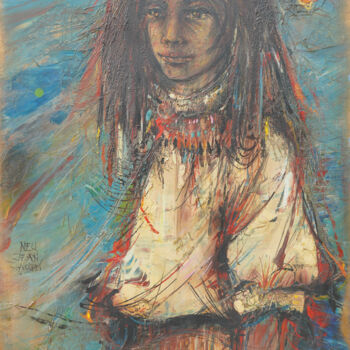 Painting titled "La jeune fille au c…" by Jj Neu, Original Artwork, Oil Mounted on Wood Stretcher frame