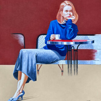 Pintura titulada "Femme en bleu à la…" por Jean-Jacques Venturini, Obra de arte original, Oleo Montado en Bastidor de camill…