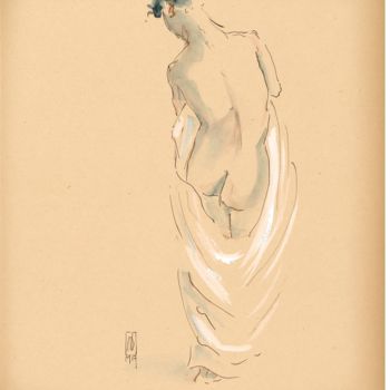 Desenho intitulada "nu au drap blanc" por Jean Jouvin, Obras de arte originais