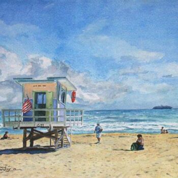 Painting titled "la plage de Miami B…" by Jean-Louis Barthelemy, Original Artwork, Watercolor