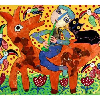 Peinture intitulée "Le loup, le chat et…" par Jean Louis Salvadori, Œuvre d'art originale, Huile