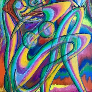 Drawing titled "Femme et oiseau" by Jean-Luc Coulaud, Original Artwork, Pastel