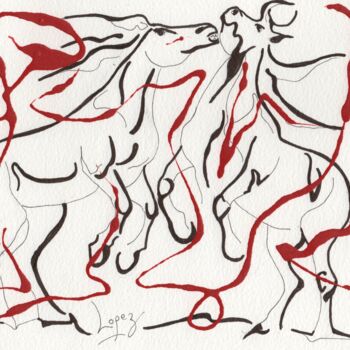 Dessin intitulée "Lignes de chevaux 2" par Jean-Luc Lopez, Œuvre d'art originale, Encre