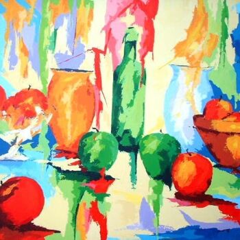 Painting titled "Bouteille aux pommes" by Jean-Luc Lopez, Original Artwork, Acrylic Mounted on Wood Stretcher frame