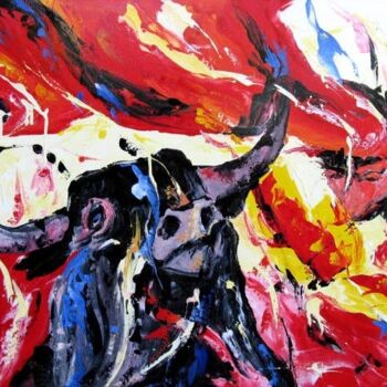 Pintura intitulada "Corrida en rouge et…" por Jean-Luc Lopez, Obras de arte originais, Óleo Montado em Armação em madeira
