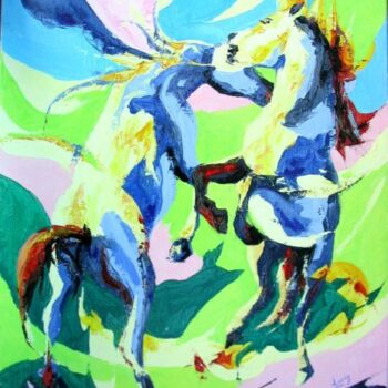 Schilderij getiteld "Chevaux sauvages" door Jean-Luc Lopez, Origineel Kunstwerk, Acryl Gemonteerd op Frame voor houten branc…