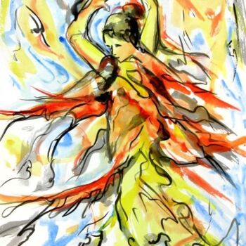 Ζωγραφική με τίτλο "94 - Flamenco" από Jean-Luc Lopez, Αυθεντικά έργα τέχνης, Ακουαρέλα