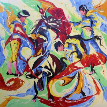 Painting titled "Trio de corrida" by Jean-Luc Lopez, Original Artwork, Oil Mounted on Wood Stretcher frame