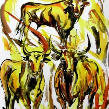 Peinture intitulée "Etude de taureaux" par Jean-Luc Lopez, Œuvre d'art originale, Encre