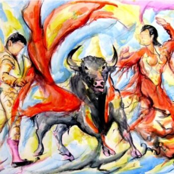 Pintura titulada "Corrida au flamenco" por Jean-Luc Lopez, Obra de arte original, Acuarela