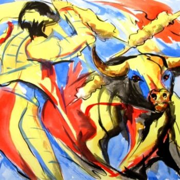Painting titled "105 Corrida" by Jean-Luc Lopez, Original Artwork, Watercolor