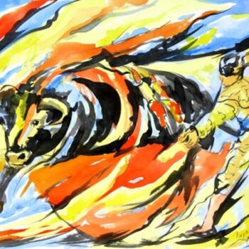 Malerei mit dem Titel "Flamme de corrida" von Jean-Luc Lopez, Original-Kunstwerk, Aquarell