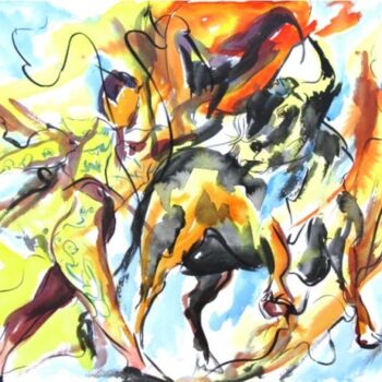 Painting titled "108 - Corrida" by Jean-Luc Lopez, Original Artwork, Watercolor
