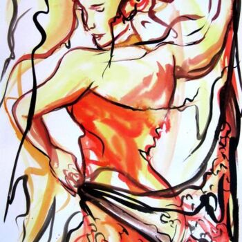 Malerei mit dem Titel "124 Flamenco au fou…" von Jean-Luc Lopez, Original-Kunstwerk, Aquarell