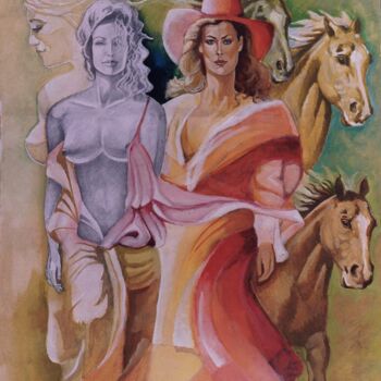 Peinture intitulée "Femmes-aux-chevaux" par Jean Luc Marès, Œuvre d'art originale, Huile