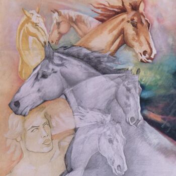Schilderij getiteld "L'homme aux chevaux" door Jean Luc Marès, Origineel Kunstwerk, Olie