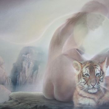 Painting titled "Femme et tigre" by Jean Luc Mariot, Original Artwork, Pastel
