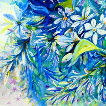 Painting titled "Fleurs bleues" by Jean Marc Collombat, Original Artwork, Watercolor