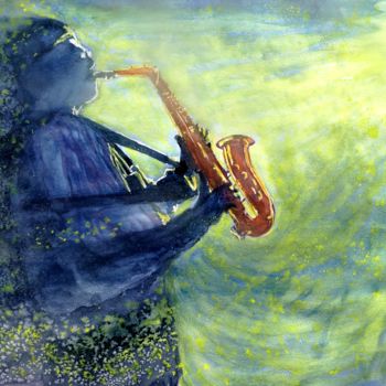 Painting titled "Blues sax" by Jean Marc Collombat, Original Artwork, Watercolor