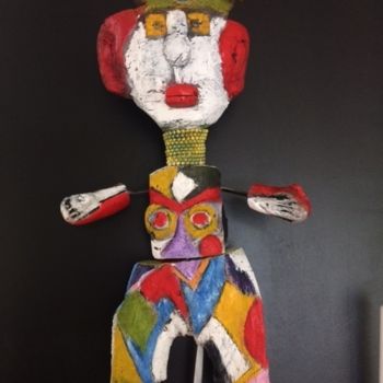 Escultura titulada "clown en bois peint" por Jean Marc Joblot, Obra de arte original, Madera